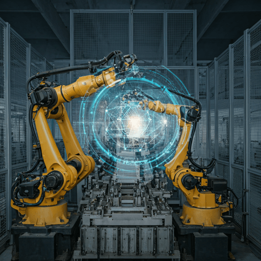 Factrans - high-tech manufacturing floor with robotics and data connectivity visualized